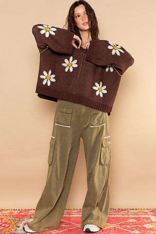 V-neck Floral Pattern Chenille Pullover Sweater