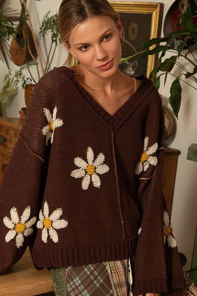 V-neck Floral Pattern Chenille Pullover Sweater