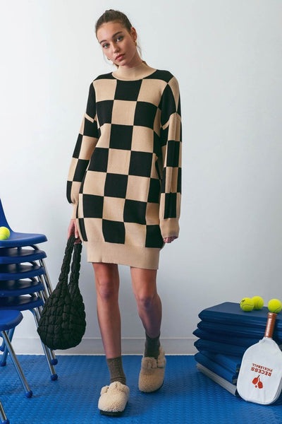 Checkered Mock Neck Sweater Dress