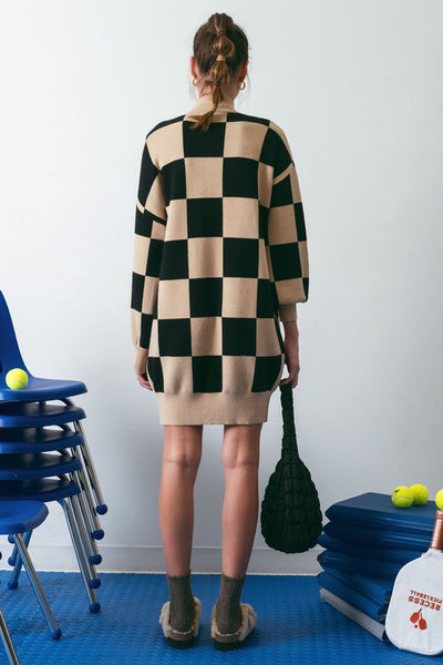 Checkered Mock Neck Sweater Dress