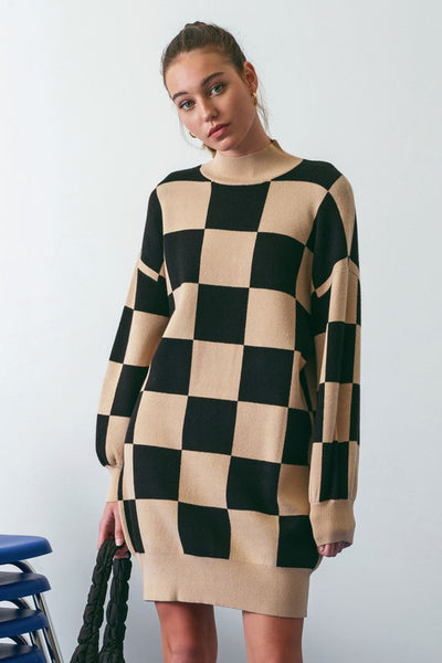 Checkered Mock Neck Sweater Dress