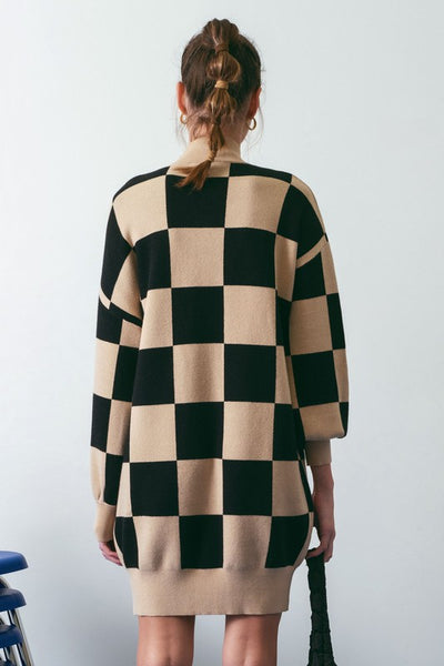Checkered Mock Neck Sweater Dress