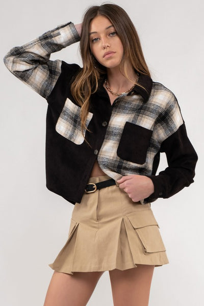 Corduroy & Plaid Lightweight Cropped Shacket
