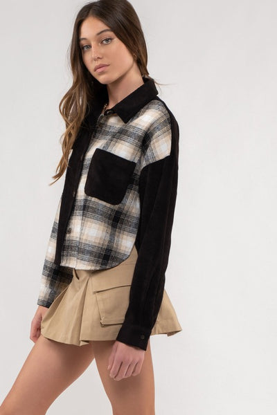Corduroy & Plaid Lightweight Cropped Shacket
