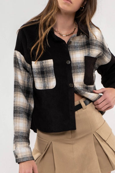Corduroy & Plaid Lightweight Cropped Shacket