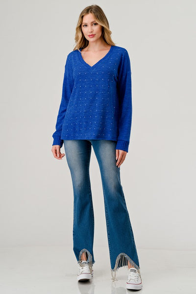 Royal Blue Rhinestone V Neck Top