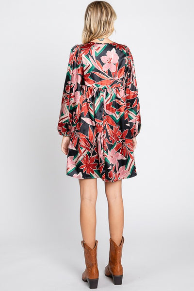 Fall Floral Satin Babydoll Dress