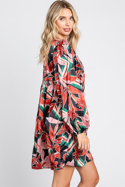 Fall Floral Satin Babydoll Dress