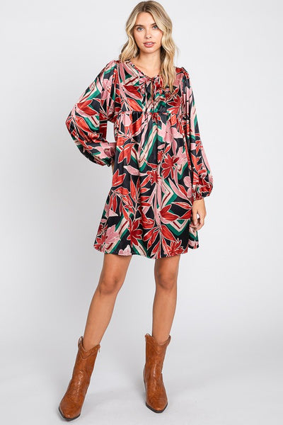 Fall Floral Satin Babydoll Dress