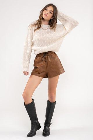 Camel Brown Vegan Leather Elastic Shorts