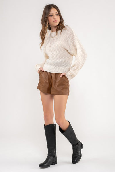 Camel Brown Vegan Leather Elastic Shorts