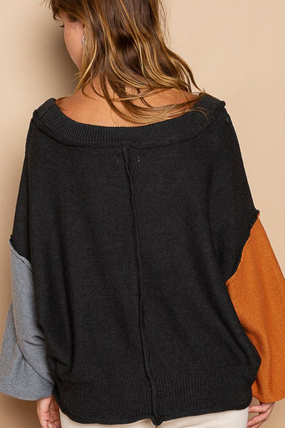Contrasting Balloon Sleeve Pullover Sweater