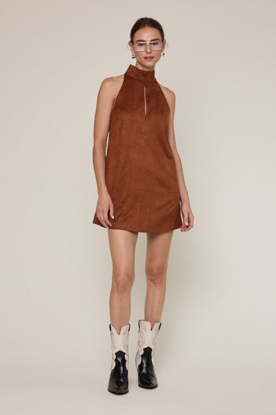 Camel Suede Turtle Neck Cutout Mini Dress