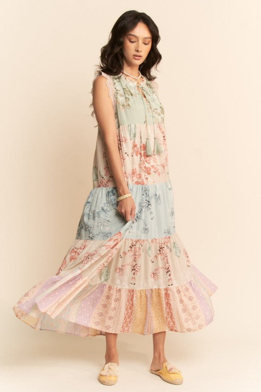 Fall Floral Color Block Boho Maxi Dress Small Fall Floral Color Block Boho Maxi Dress Small
