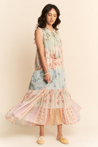 Fall Floral Color Block Boho Maxi Dress