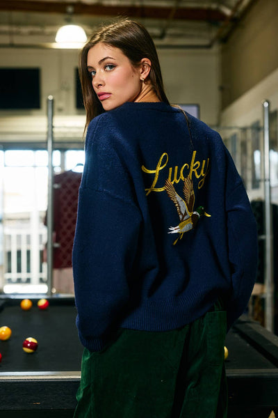 BUCKETLIST INC - IJ3212-LUCKYDUCK | Embroidered "Lucky Duck" V-Neck Cardigan