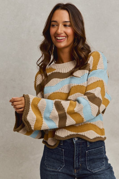 Taupe And Blue Wavy Multi Color Stripe Sweater