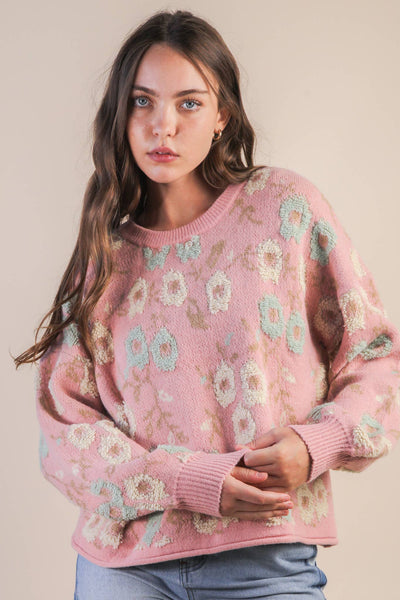 VERY J - 12W3428N-Oversized Floral Textured Printed Knit Sweater Top