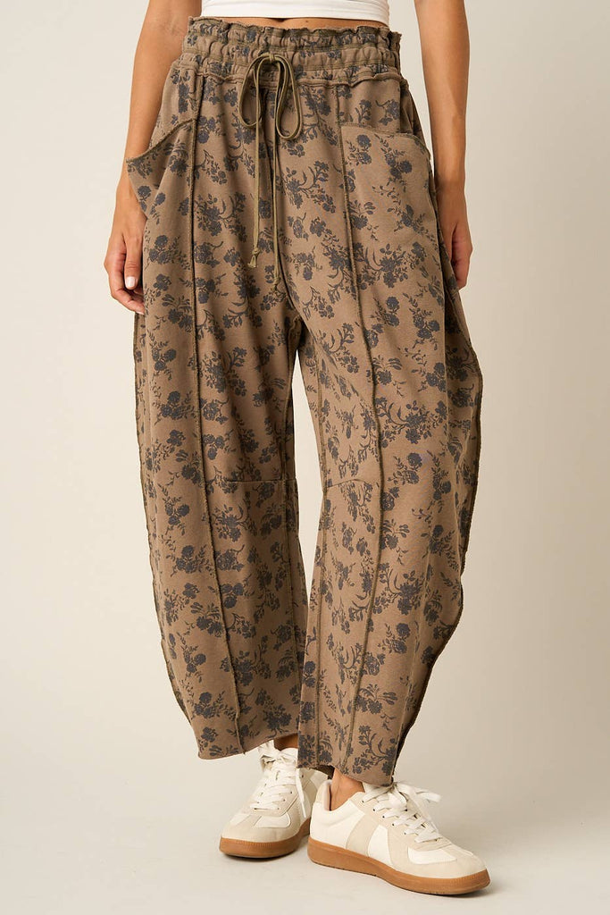mittoshop - BLUE FLORAL PRINT SEAM DETAIL PULL ON BARREL PANTS