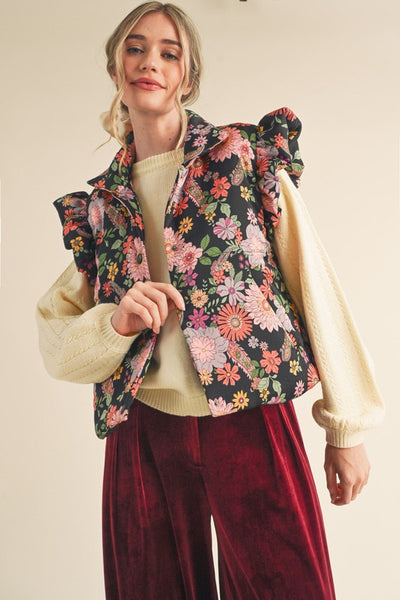 Fun Floral Flutter Sleeve Puffy Vest