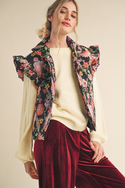Fun Floral Flutter Sleeve Puffy Vest