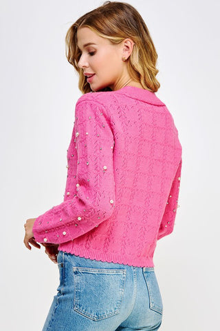 Pink Pearl & Rhinestone Studded Knit Cardigan