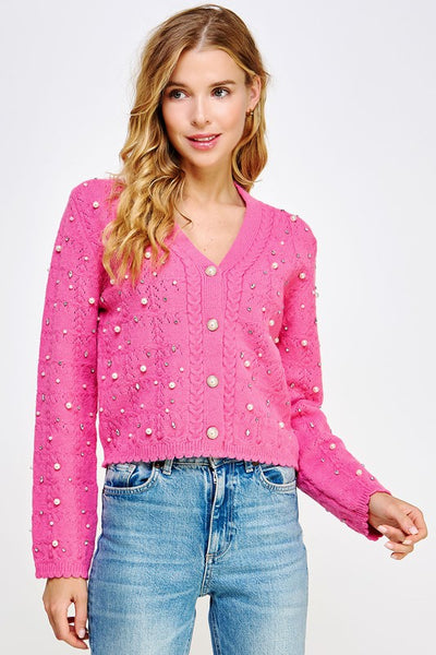 Pink Pearl & Rhinestone Studded Knit Cardigan
