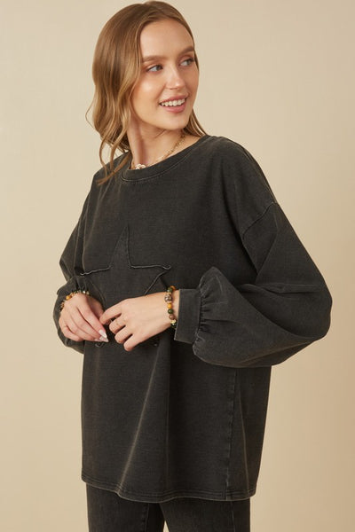 Star Patch Acid Wash Casual Top