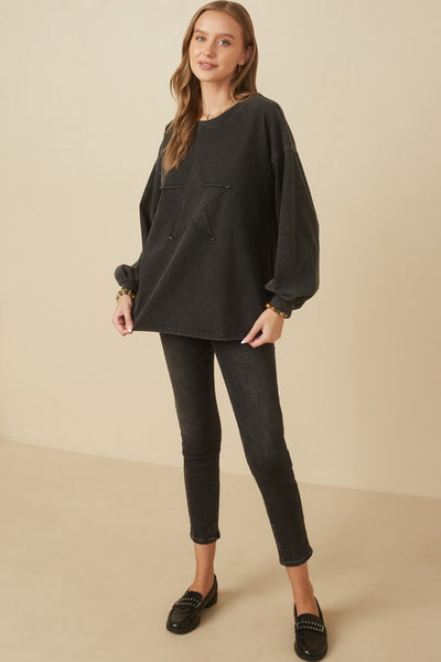 Star Patch Acid Wash Casual Top