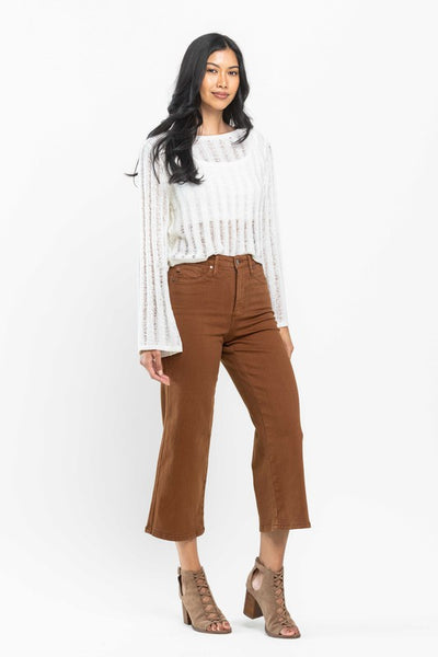 High Rise Tummy Control Camel Wide Crop Jeans -Judy Blue