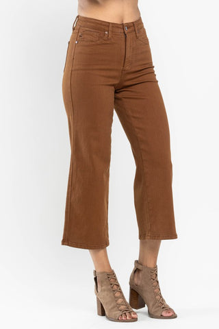 High Rise Tummy Control Camel Wide Crop Jeans -Judy Blue