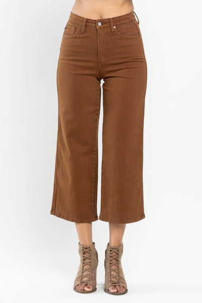High Rise Tummy Control Camel Wide Crop Jeans -Judy Blue