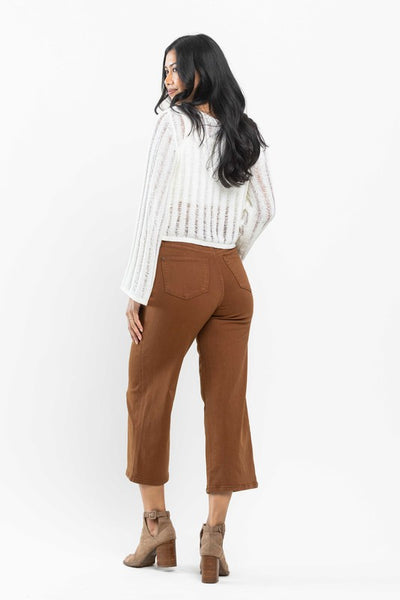 High Rise Tummy Control Camel Wide Crop Jeans -Judy Blue