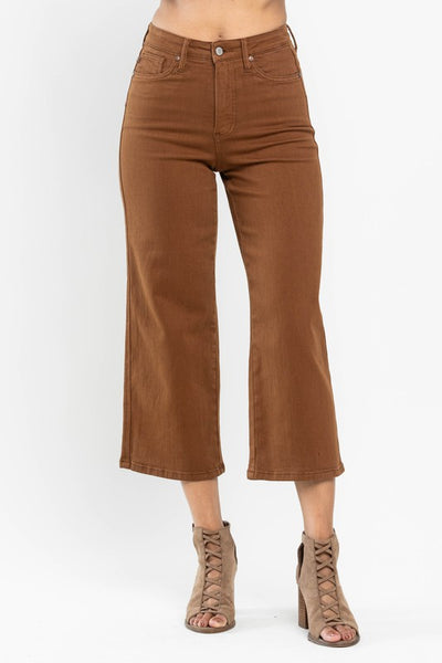 High Rise Tummy Control Camel Wide Crop Jeans -Judy Blue