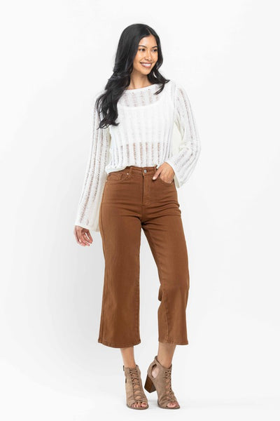 High Rise Tummy Control Camel Wide Crop Jeans -Judy Blue