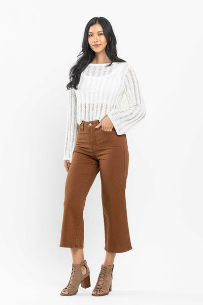 High Rise Tummy Control Camel Wide Crop Jeans -Judy Blue