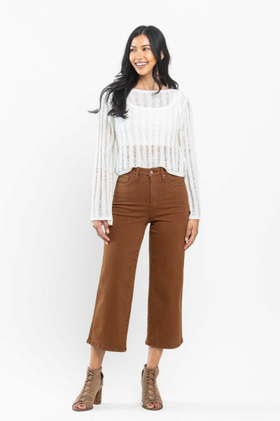 High Rise Tummy Control Camel Wide Crop Jeans -Judy Blue