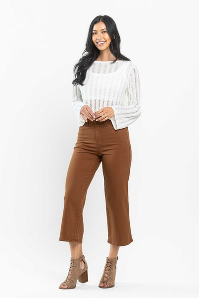 High Rise Tummy Control Camel Wide Crop Jeans -Judy Blue