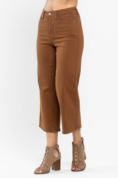 High Rise Tummy Control Camel Wide Crop Jeans -Judy Blue