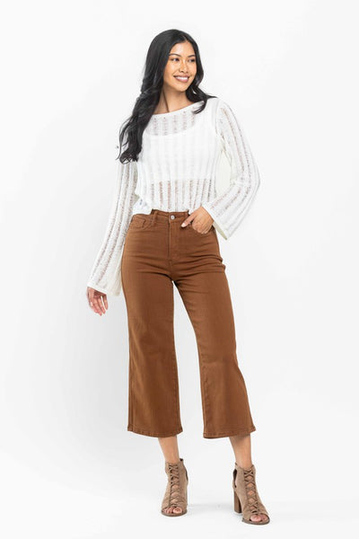 High Rise Tummy Control Camel Wide Crop Jeans -Judy Blue