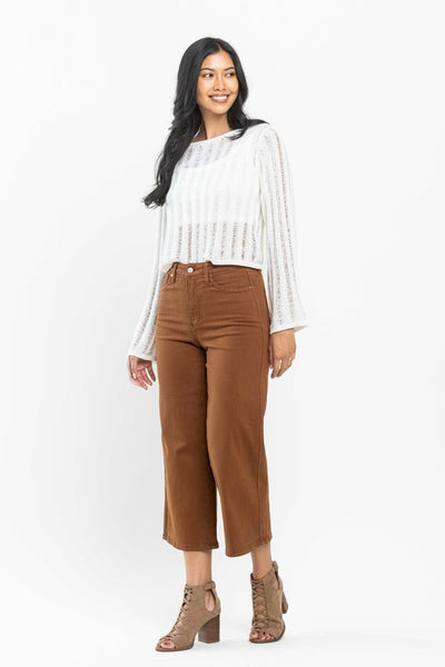 High Rise Tummy Control Camel Wide Crop Jeans -Judy Blue