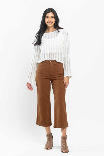 High Rise Tummy Control Camel Wide Crop Jeans -Judy Blue