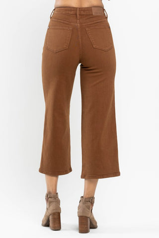 High Rise Tummy Control Camel Wide Crop Jeans -Judy Blue