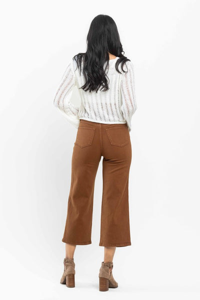 High Rise Tummy Control Camel Wide Crop Jeans -Judy Blue