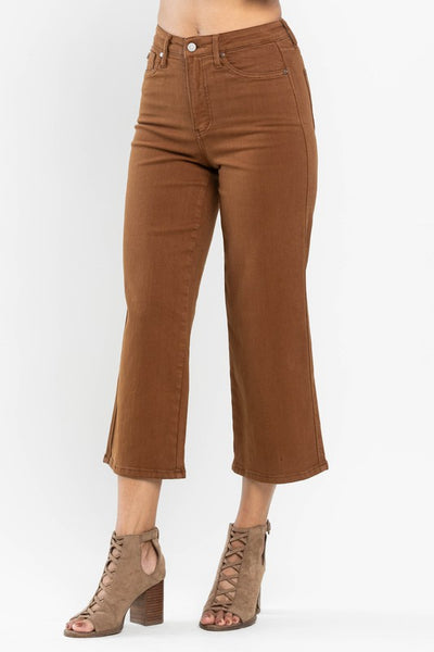 High Rise Tummy Control Camel Wide Crop Jeans -Judy Blue