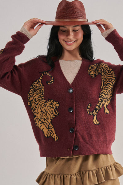 Urban Daizy - Tiger Jacquard Knit Sweater Cardigan