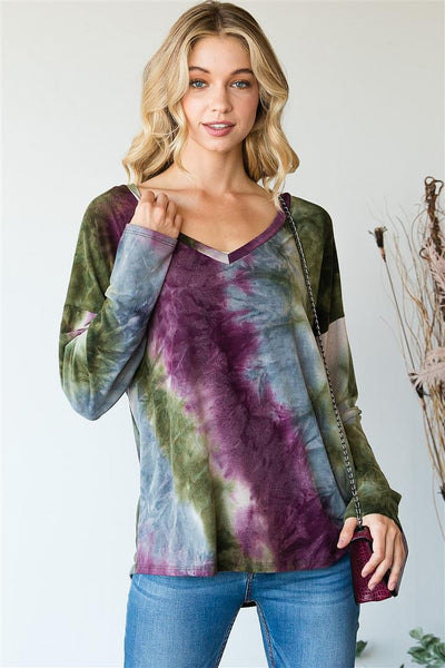 Tie Dye V Neck Long Sleeve Top - Multiple Colors