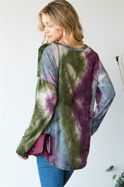 Tie Dye V Neck Long Sleeve Top - Multiple Colors