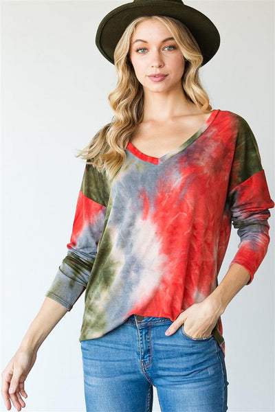 Tie Dye V Neck Long Sleeve Top - Multiple Colors