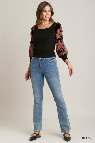 Floral Velvet Burnout Contrast Balloon Sleeve